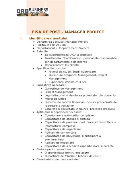 Fisa de post manager proiect - Răspunsuri Avocatnet.ro